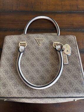 GUESS Brown Monogram Satchel with Gold Hardware